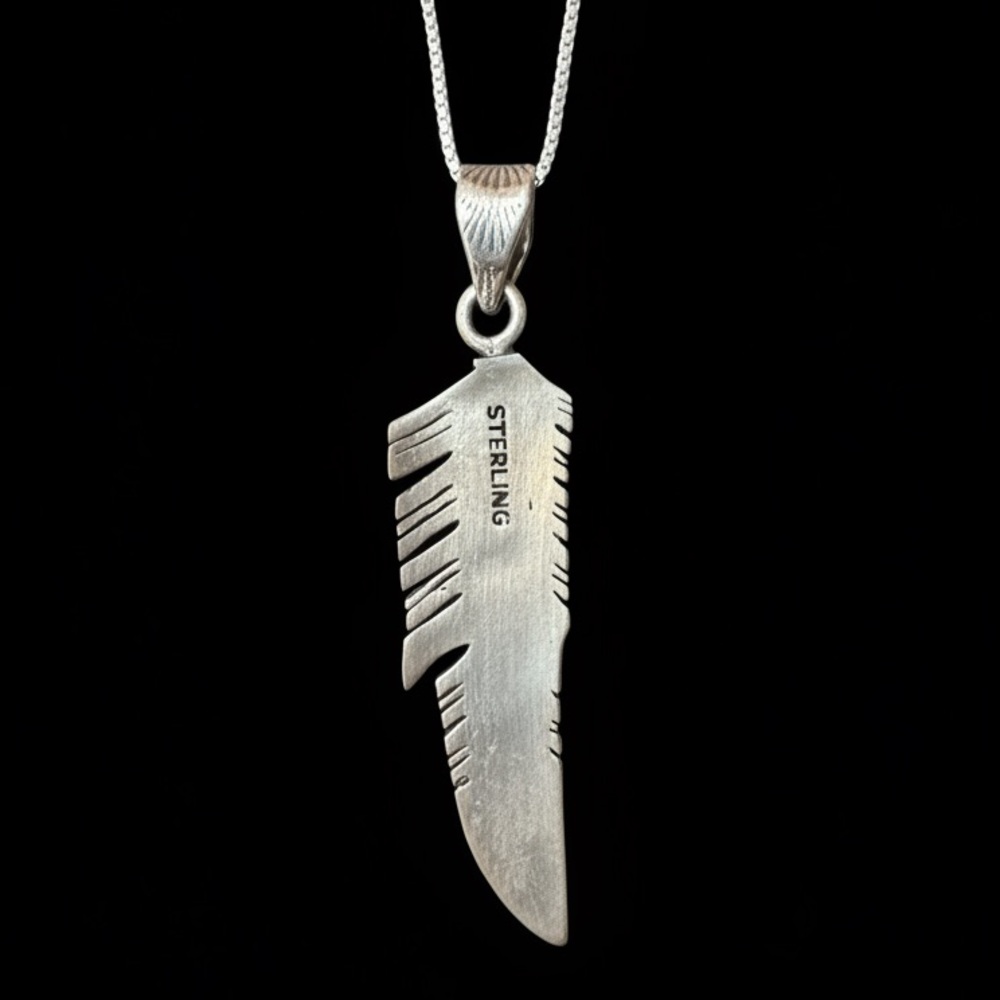 Sterling Silver native Feather Pendant Necklace with genuine‎ Turquoise Accents - Picture 3 of 9